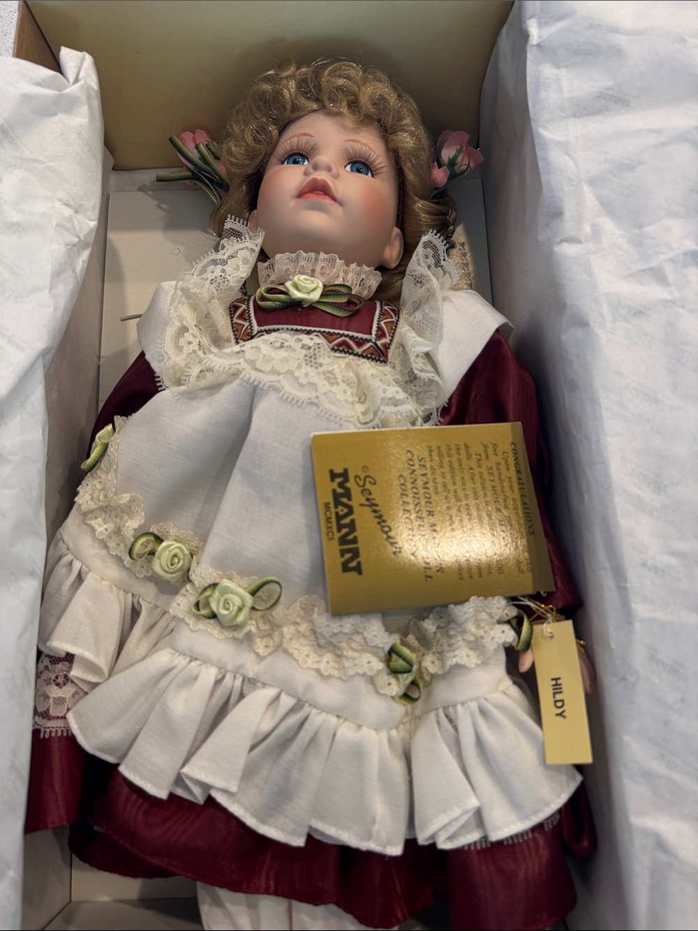 HILDY Porcelain Decorative Doll in White & Burgundy